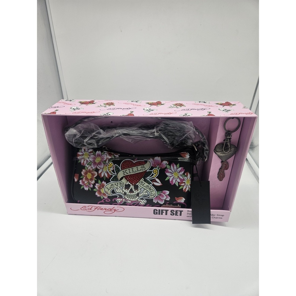 Ed Hardy Gift Set Rhinestone Love Kills Slowly Baguette Key Ring w/charms NWT